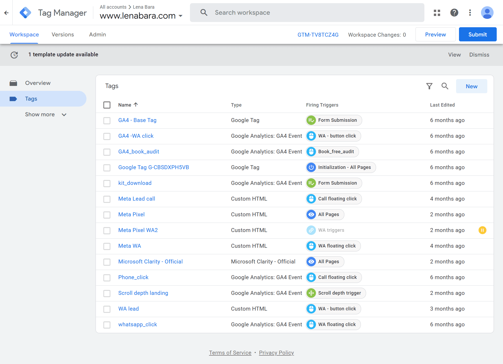 Google Tag Manager workspace overview for lenabara.com